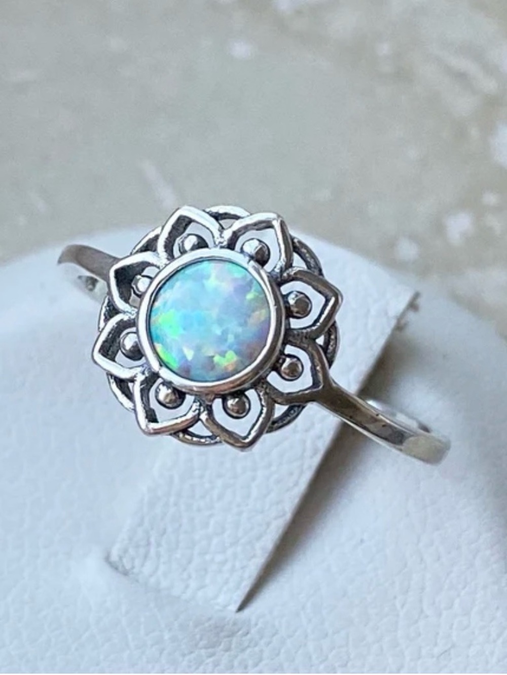 White Gold Plated Floral Halo Ring with Opal Center. New.